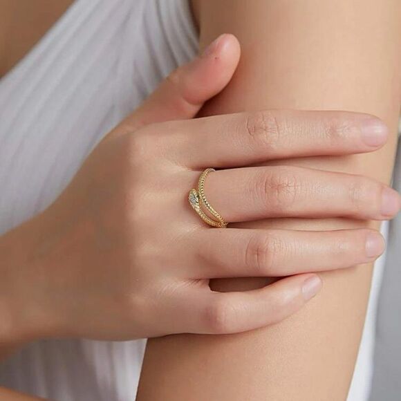 Minimalist 925 Sterling Silver 18K Gold Plated Adjustable Textured Snake Ring - Picture 2 of 7